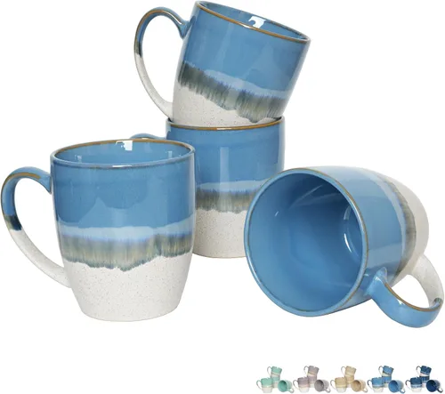 Bosmarlin Juego de 4 tazas de café de cerámica, 17 onzas, tazas de café con asa grande, aptas para microondas, esmalte reactivo único Azul claro
