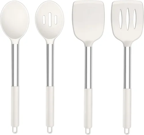TeamFar Utensilios de Cocina, 4 PCS Utensilios de Cocina de Silicona con Mango de Acero Inoxidable, para Utensilios de Cocina Antiadherentes para