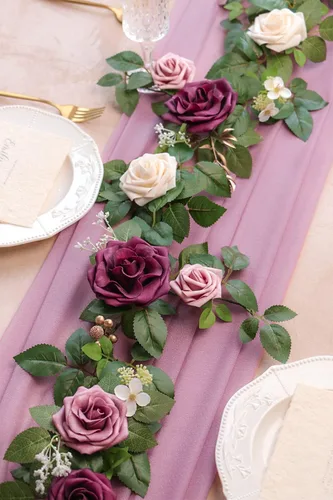 Miniatura 8 de PONATIA Guirnalda de Rosas Artificiales de Color Borgoña de 5 Pies Hecha a Mano, Flores Rosa Empolvado para Ceremonia de Boda, Guirnaldas de Telón