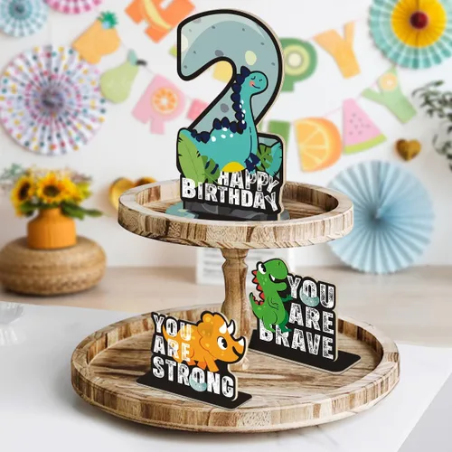 Miniatura 6 de Juego de 3 piezas de dinosaurios con signo de número de 2º cumpleaños, decoración de mesa de dinosaurios para niños y niños de 2º cumpleaños