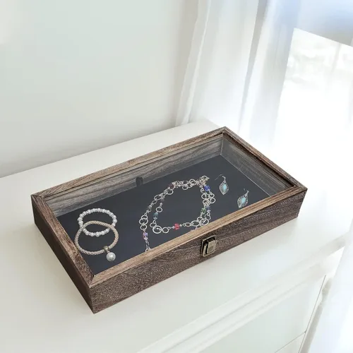 Miniatura 8 de MOOCA Vitrina de madera con tapa de cristal, vitrina de cuchillo de bolsillo con almohadilla de exhibición de joyería de terciopelo MDF de lujo