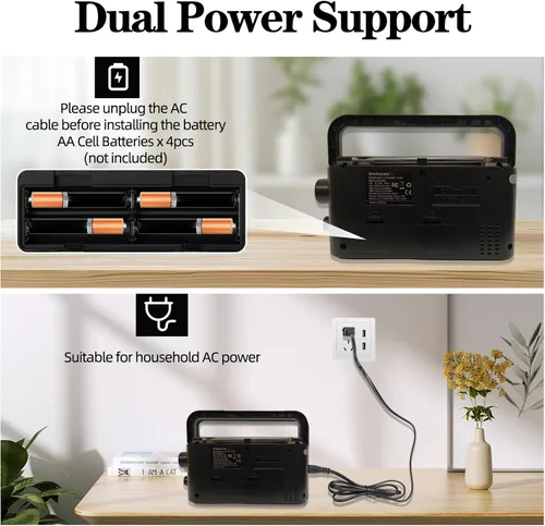 Miniatura 9 de Radio meteorológica portátil AM FM SW, enchufe de pared y alimentada por batería, radio transistor con Bluetooth, altavoz grande, dial grande, modo
