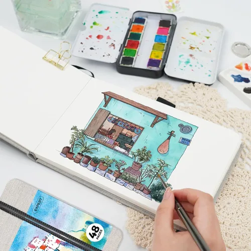 Miniatura 4 de Cuaderno de acuarela Funto, 8.5x5.5, 48 páginas, prensado en frío, bolsillo de papel interior y banda elástica, suministros de arte para medios