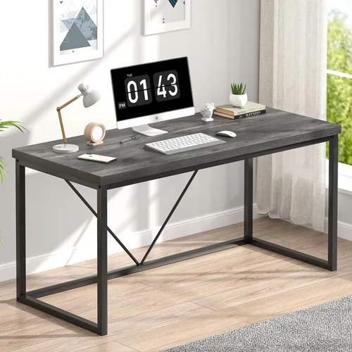 EXCEFUR Escritorio moderno de oficina en casa, escritorio de computadora de madera y metal, mesa de estudio de escritura industrial para sala de Gris