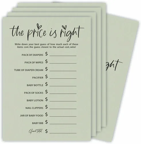 Juego de Baby Shower "The Price Is Right" - Minimalismo Verde Musgo - 30 Tarjetas de Juego de Doble Cara Estilo Rellenar, Revelación de Género,