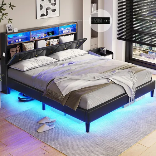 BTHFST Marco de cama tamaño completo con luces LED y estación de carga, marco de cama LED tamaño completo con almacenamiento de cabecero, cama