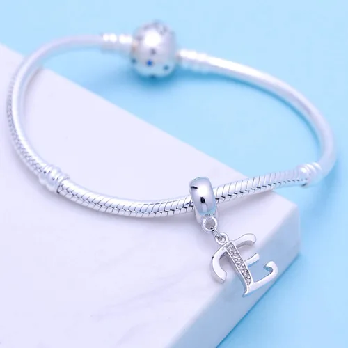 Miniatura 25 de ABUN Abalorio de plata de ley 925 con letra A a la Z, espaciador de inicial, con circonita cúbica transparete colgante, auténtica, para pulseras