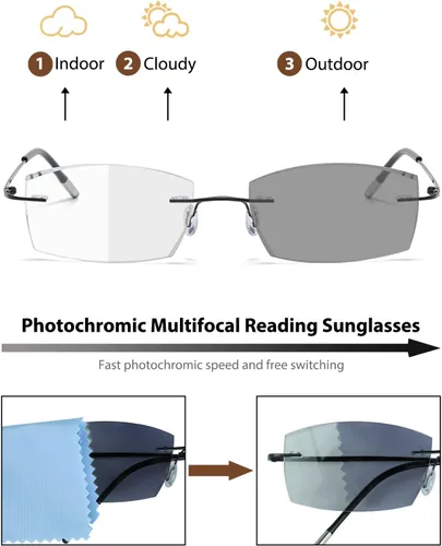 Miniatura 3 de Gafas de lectura fotocromáticas multifocales, gafas de sol de transición multifocal progresivas sin montura para hombres y mujeres, corte