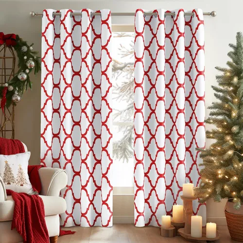 Miniatura 30 de Melodieux - Cortinas opacas estilo marroquí con aislamiento térmico y ojales para oscurecer sala de estar, 2 paneles. Blanco hueso/verde azulado
