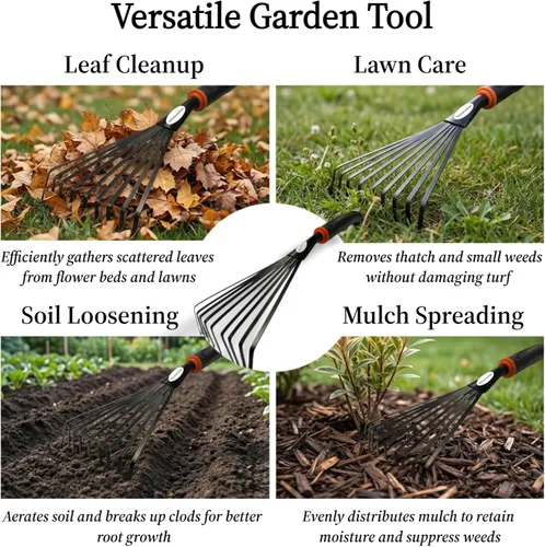Miniatura 8 de Paquete de 2 rastrillos de mano pequeños para jardinería, mini rastrillo de hojas y arbustos con púas de acero duraderas, mango ergonómico