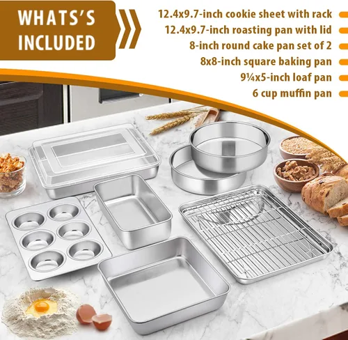 Miniatura 2 de E-far Juego de 9 moldes para hornear de acero inoxidable, juego de 9 piezas para panecillos de galletas, incluye bandeja redonda y cuadrada