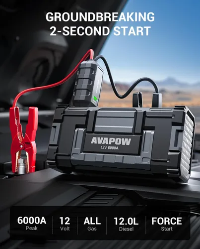Miniatura 2 de Arrancador de 6000 A de AVAPOW (para todos los motores de gasolina o hasta 12 L de diésel) Arrancador de batería con carga rápida USB dual y salida