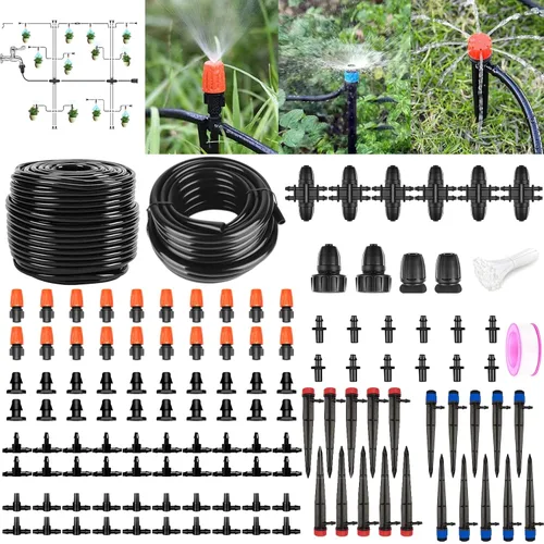 Kit de riego por goteo de 200 pies + 40 pies, sistema de riego de jardín con tubo principal de 8/11 mm, tubo de riego de distribución de 4/7 mm y