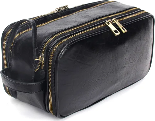 Neceser de cuero personalizado para hombre, kit de afeitado de viaje, bolsa de cosméticos grande, organizador de baño, Negro -