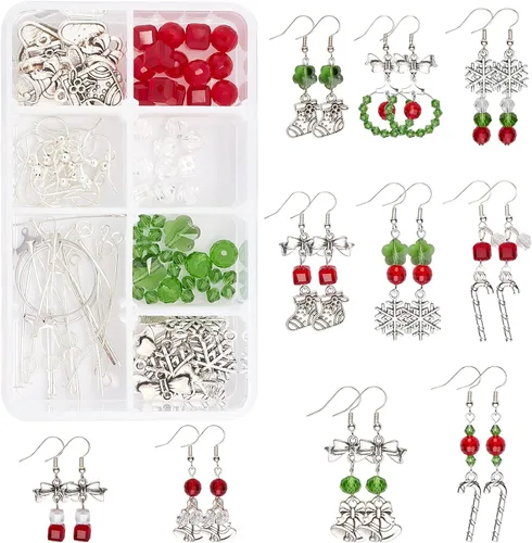 SUNNYCLUE 1 caja de 10 pares de cuentas de vidrio galvanizado de Navidad para hacer aretes, kits de fabricación de aretes de copo de nieve, lazo,