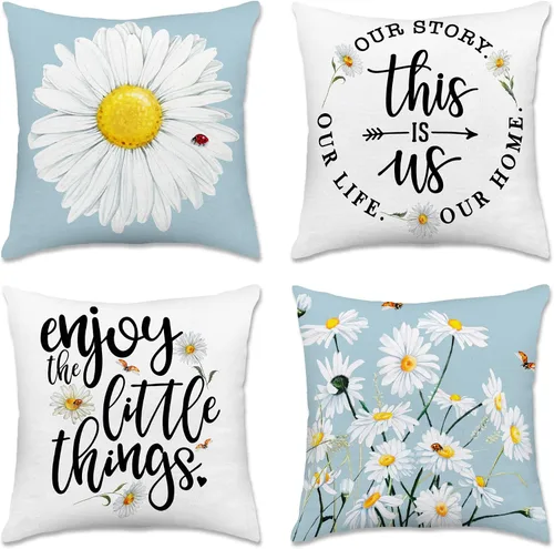 Hexagram Juego de 4 fundas de almohada de primavera y verano de 16 x 16 pulgadas, diseño de margaritas florales para exteriores, funda de cojín azul
