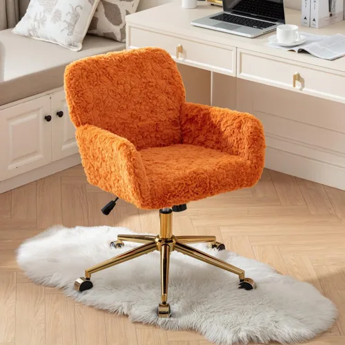 Miniatura 9 de Silla de escritorio giratoria peluda, silla de oficina tapizada de tela de peluche blanca, silla de tocador con ruedas ajustable en altura