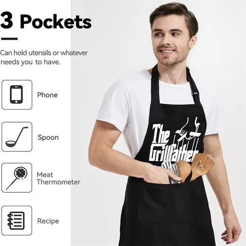Miniatura 5 de Delantales divertidos para hombres, delantal negro con bolsillos, perfecto para cocinar en la cocina, barbacoa, hornear, regalos para marido, papá