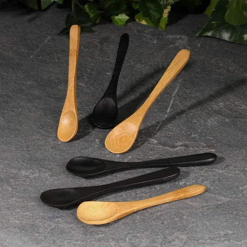 Miniatura 5 de BambooMN Cucharas de bambú para servir, mini cuchara de azúcar con sal, pequeñas cucharas de madera para especias, ovalada negra de 3.5 pulgadas, 10