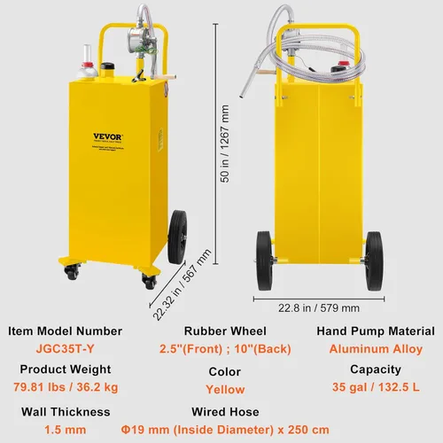Miniatura 7 de VEVOR Carrito de combustible, 35 galones, tanque de almacenamiento de gasolina con 4 ruedas, con bomba de transferencia manual, contenedor