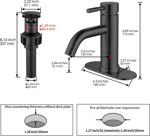 Miniatura 5 de Grifo de Lavabo de Baño de Un Solo Orificio Negro Mate, Grifo de Baño Moderno de Una Sola Manija Comercial de Acero Inoxidable para Lavabo