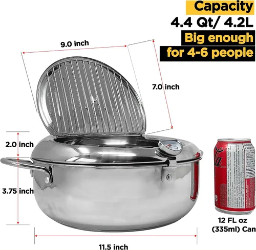 Miniatura 5 de Saltlas Olla Freidora Profunda (°F), 11"/4.4Qt (4.2 L) Olla de Freír Tempura Extra Grande con Tapa, Olla de Freír de Acero Inoxidable 304
