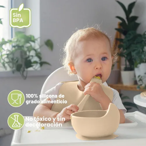Miniatura 2 de Juego de Alimentación de Silicona para Bebés Suministros de Destete Dirigido por el Bebé Incluye Tazones con Ventosa y Platos Divididos, Babero