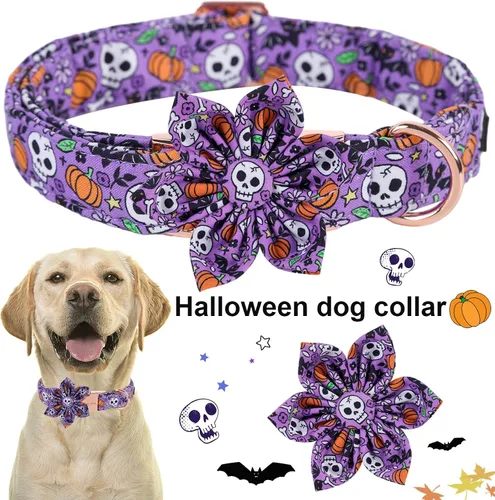 Miniatura 2 de ARING PET Collar de Halloween para perro, lindo collar de calabaza para perro con flor, algodón morado calavera murciélago collar de perro collar