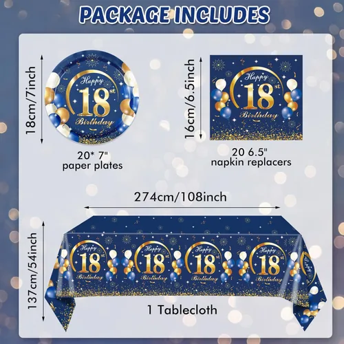 Miniatura 2 de Juego de 41 piezas de decoraciones de cumpleaños número 18 para él, temática azul y dorada, regalos de cumpleaños de 18 años, platos, servilletas