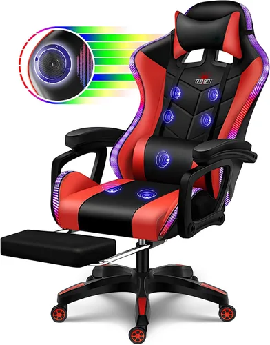Miniatura 8 de Silla ergonómica para juegos profesional con luces LED y altavoces, silla de videojuegos con masaje y reposapiés, silla de computadora de respaldo