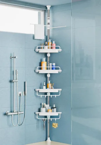 Miniatura 10 de XLHOMO Organizador de Ducha de Esquina con Barra de Tensión de 32 a 122 pulgadas, Todo Blanco, Estantes de Ducha Inoxidables Sin Taladro para Baño