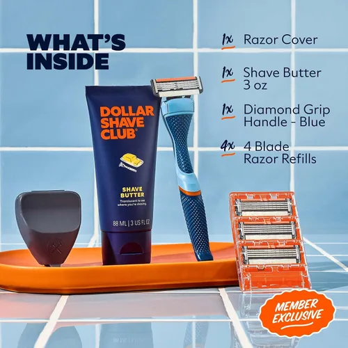 Miniatura 2 de Dollar Shave Club El juego de afeitado exclusivo para miembros 4 cartuchos de recambio Swift Rinse, 1 mango (azul), 1 mantequilla de afeitar