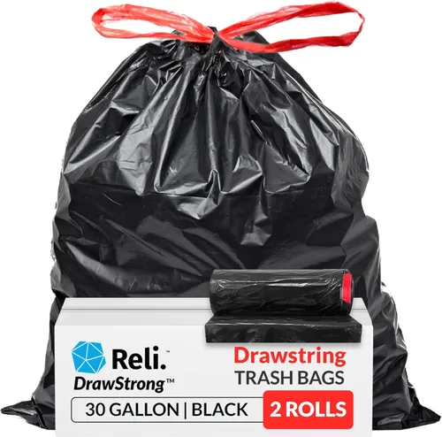 Reli. Bolsas de basura con cordón de 30 galones, 150 unidades, color negro, bolsas de basura resistentes de 30 galones, grandes, 30 galones