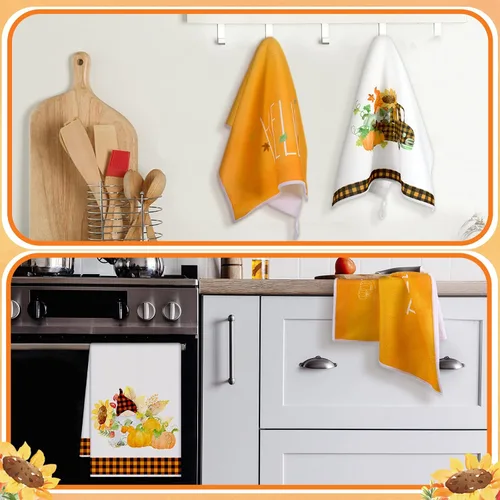 Miniatura 5 de Bencailor Juego de 4 toallas de cocina de Acción de Gracias, diseño de gnomo, calabazas, gnomo, absorbente de otoño, para hornear, cocinar
