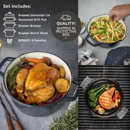 Miniatura 4 de NATIVO Juego de utensilios de cocina apilables de hierro fundido de 5 piezas, horno holandés esmaltado versátil, sartén sazonada y estofador de Gris