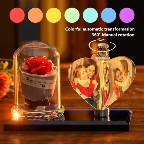 Miniatura 7 de Foto de cristal 3D personalizada, marco de fotos de cristal en forma de corazón, luz nocturna personalizada, el mejor regalo para parejas, amantes