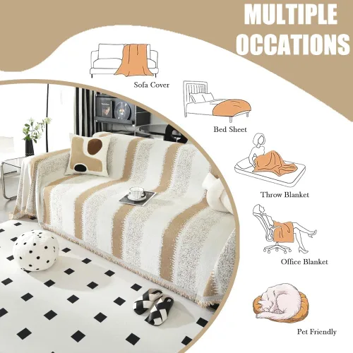 Miniatura 2 de Booque Valley Funda de sofá bohemia de felpilla a rayas de gran tamaño para sofá, suave, lavable, apta para mascotas, resistente a las pastillas