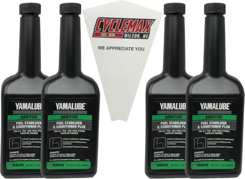CYCLEMAX Paquete de cuatro para estabilizador y acondicionador de combustible Yamaha Yamalube Plus ACC-FSTAB-PL-12 contiene cuatro botellas de 12