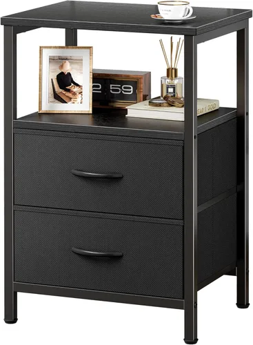 Huuger Mesita de noche con 2 cajones, mesa auxiliar de cama con estante abierto, parte superior de madera, mesita de noche para dormitorio, mesa