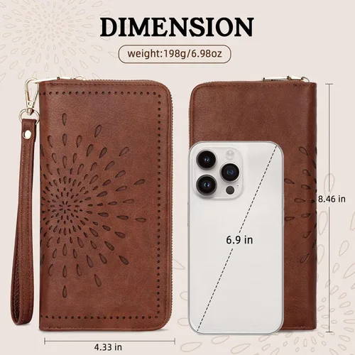Miniatura 6 de APHISON Billetera para mujer, gran capacidad, monedero, tarjetero, RFID, pulsera, teléfono, cremallera, moneda, bolsillo de viaje