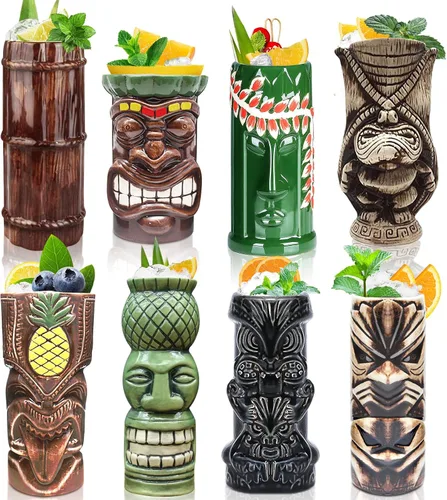 LINALL Tiki Mugs - Juego de 8 tazas de cóctel de cerámica hawaiana Luau para fiesta, vasos de cóctel exóticos, Tiki Bar profesional hawaiano para