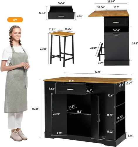 Miniatura 2 de ONBRILL Las islas de cocina estacionarias incluyen 2 sillas, isla de cocina de 47 pulgadas con hoja caída, mesa de bar para el hogar con estante