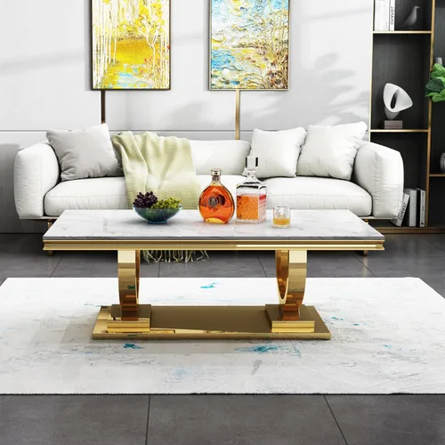 Miniatura 50 de SSLine Mesa de Centro Rectangular de Mármol Sintético para Sala de Estar, Mesa Central Moderna de Mármol Blanco de Lujo con Base Doble en Forma de U