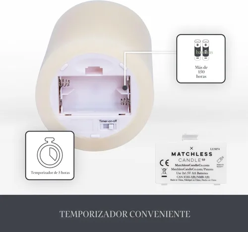 Miniatura 3 de Matchless Candle Co. de Luminara Juego de 3 (3" x 4.5", 5.5", 6.5") Vela sin llama LED parpadeante con pilas, llama móvil, pilar de cera, borde