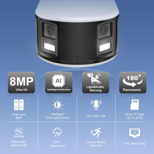 Miniatura 4 de Anpviz Cámara de seguridad de doble lente IP PoE de 4K/8MP de 180 grados para exteriores, cámara panorámica panorámica de 180° con cable