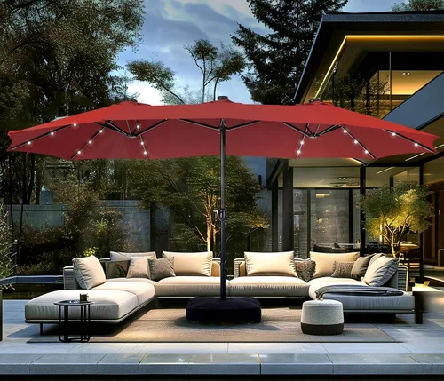 Miniatura 11 de PHI VILLA Sombrilla de patio grande de 15 pies con base y luces solares, paraguas rectangular de doble cara para exteriores con 36 luces LED, Beige