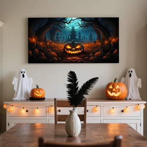 Miniatura 4 de YONICA Lienzo decorativo para pared de Halloween para sala de estar, decoración del hogar, calabaza de Halloween sobre lienzo de alta definición