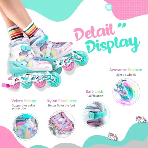 Miniatura 2 de SULIFEEL Patines en línea de unicornio arcoíris para niñas y niños, 4 tamaños, ajustables, con ruedas iluminadas, para niños principiantes Un arco