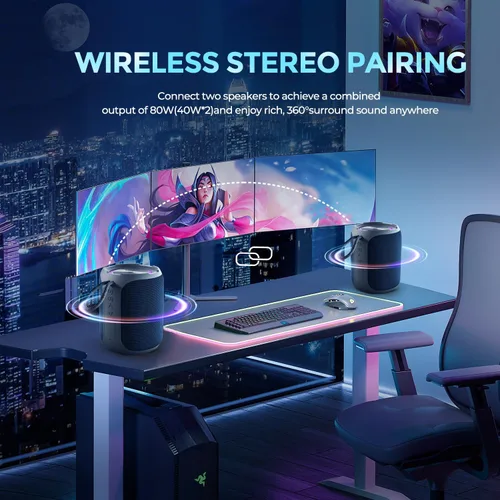Miniatura 4 de YEAHBOX Altavoz Bluetooth portátil, Bluetooth 5.3 40W estéreo inalámbrico con graves profundos, luces RGB, IPX7 impermeable, batería de larga