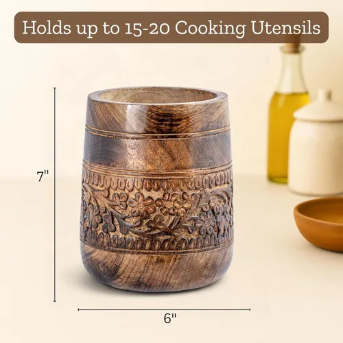 Miniatura 5 de Mie Creations Soporte grande rústico de 7 pulgadas para encimera de cocina, organizador de espátula de cocina de madera para fiestas, organizador